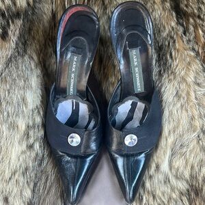 Black Leather Mules with Crystal Accent
